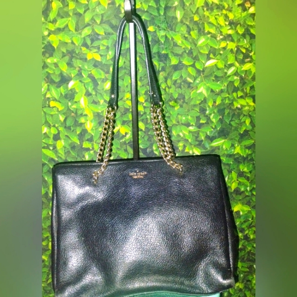 Black Pebble Leather Kate Spade Tote Bag W Gold Chain Staps